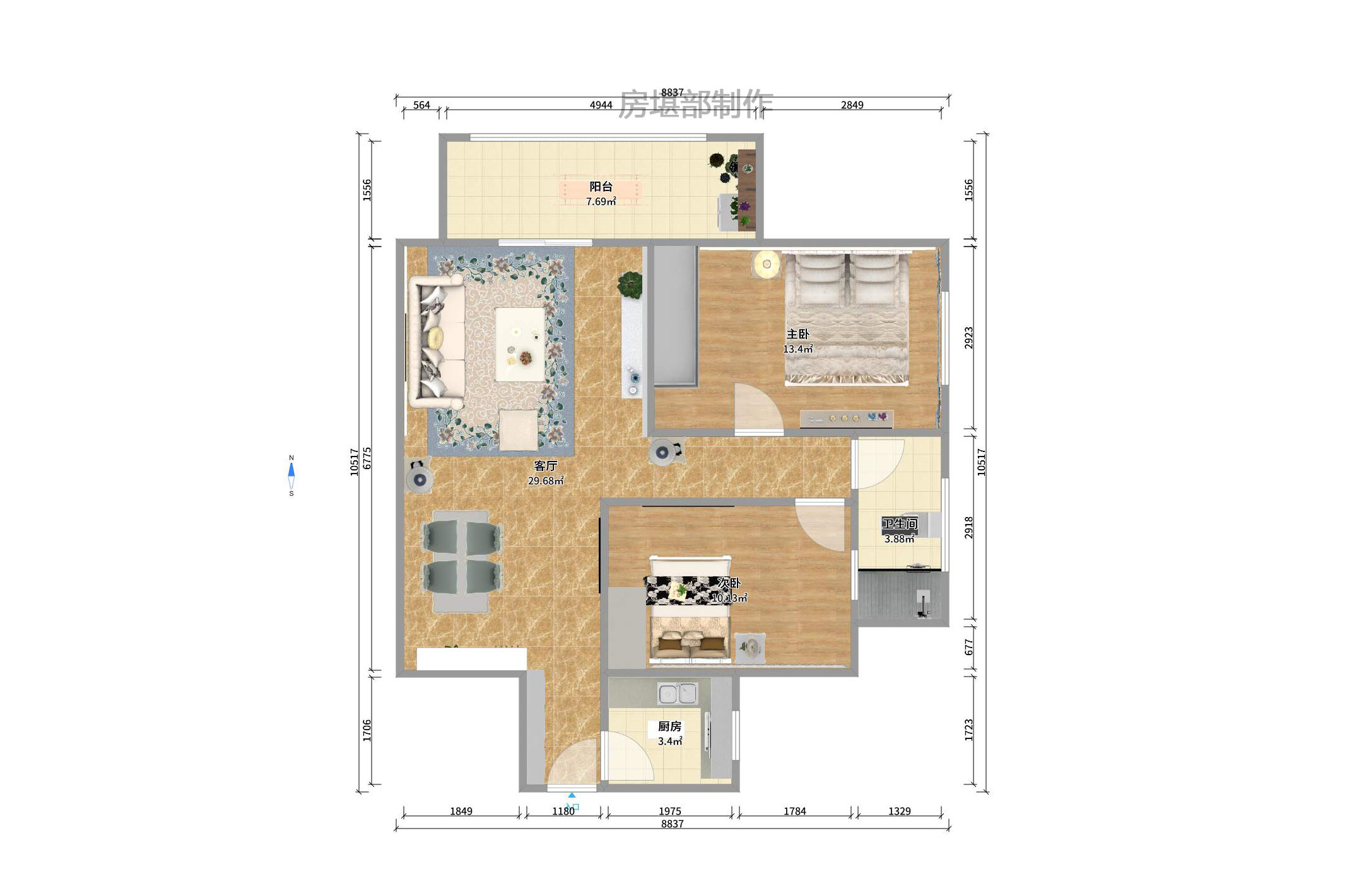 润芳园  2室2厅1卫   1800.00元/月户型图