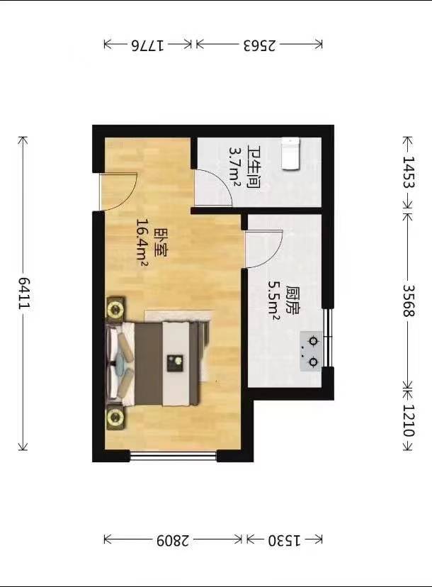 交通南苑  1室1厅1卫   2000.00元/月户型图