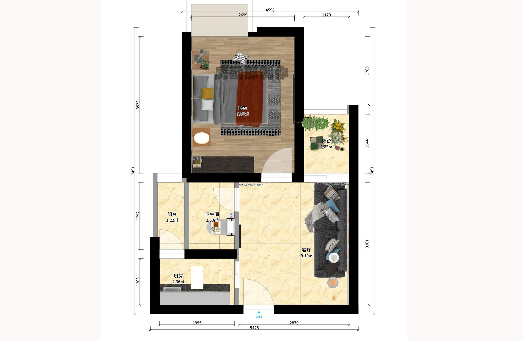 中江国际花城 1室1厅1卫 1700.0元/月 中江国际花城 1室1厅1卫 1700.0元/月户型图