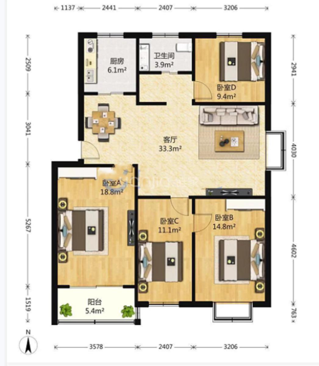 碧桂园梓山府  4室2厅2卫   1500.00元/月户型图