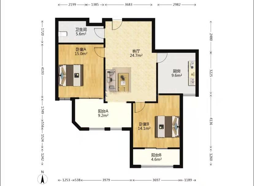 蓝山公馆  2室1厅1卫   2400.00元/月户型图