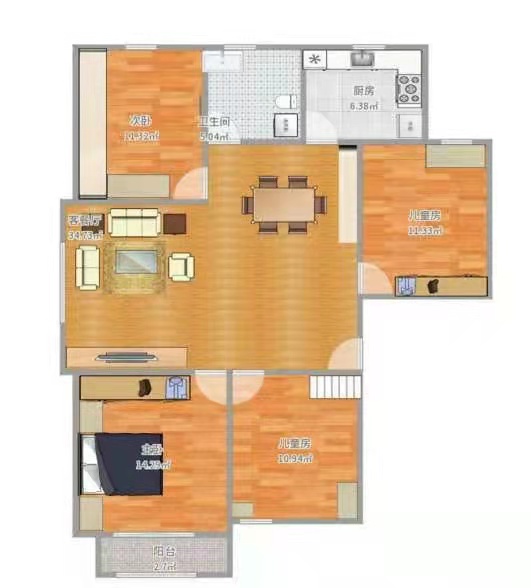 珠江愉景新城  3室2厅1卫   2200.00元/月户型图