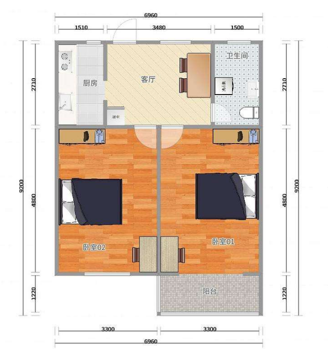 远大生态风景  2室1厅1卫   2500.00元/月户型图