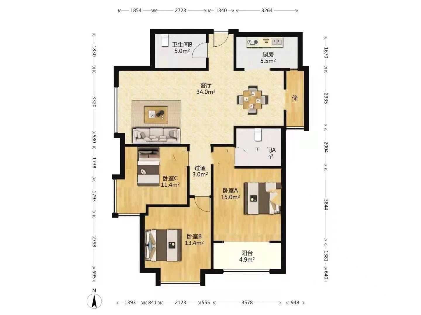 北寨子村安置楼  3室2厅1卫   2800.00元/月户型图