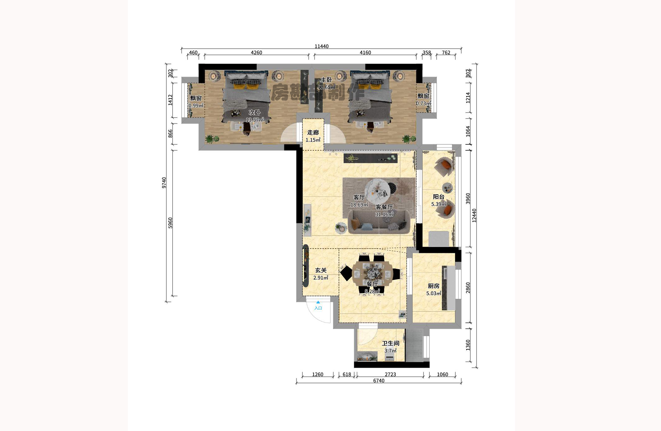 财富名园 2室1厅1卫 2300.0元/月 财富名园 2室1厅1卫 2300.0元/月户型图