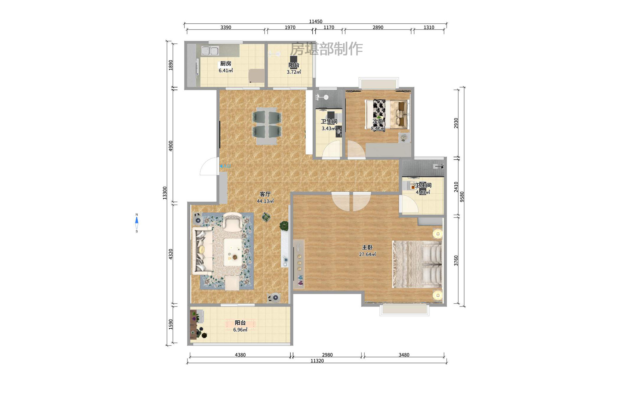 凯富漫城  3室2厅2卫   2200.00元/月户型图