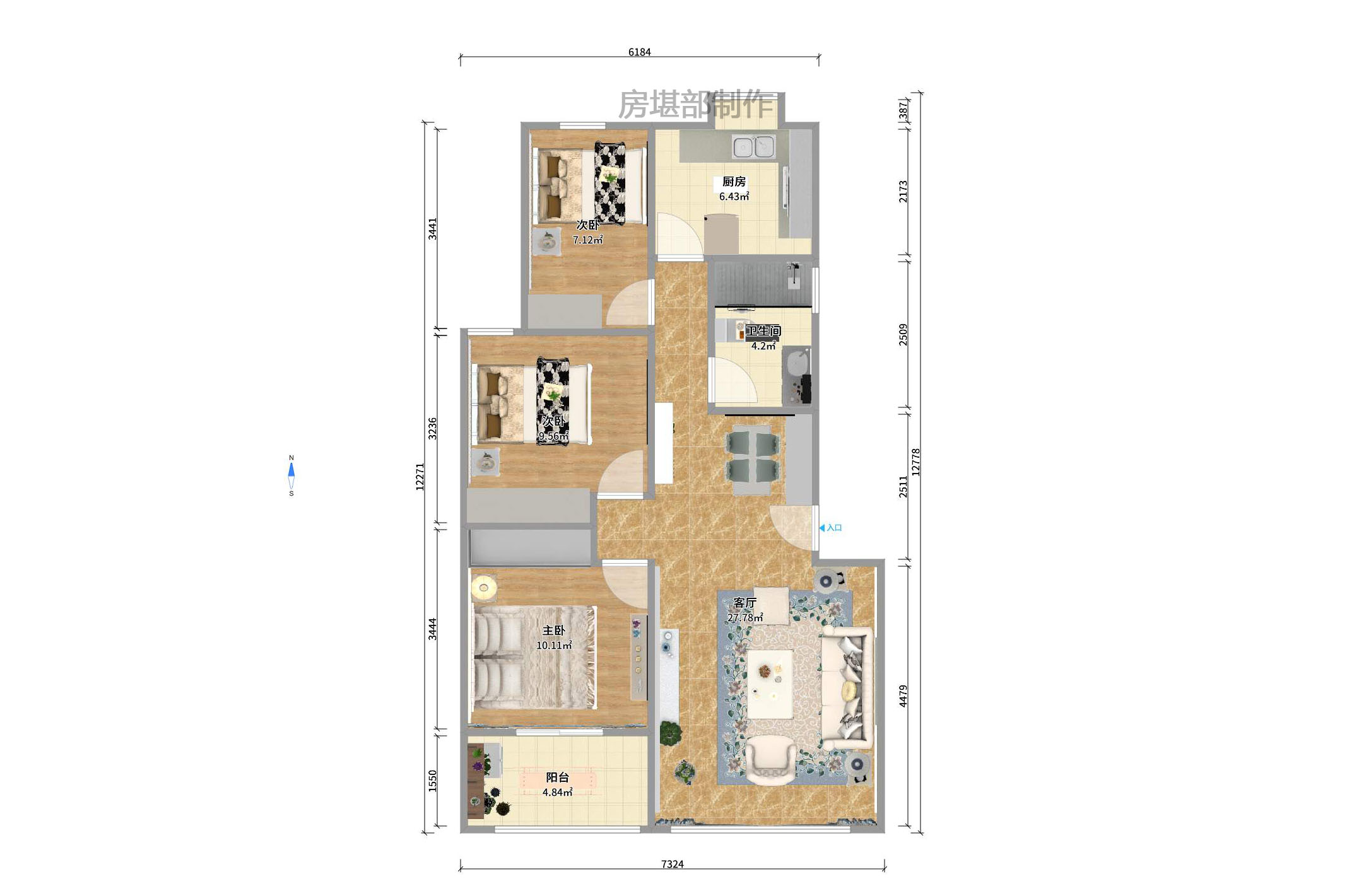 化工设计院  3室2厅1卫   2000.00元/月户型图