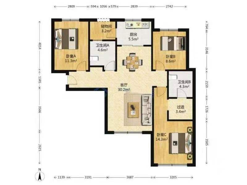 阳光城丽兹公馆  3室2厅2卫   280.00万户型图
