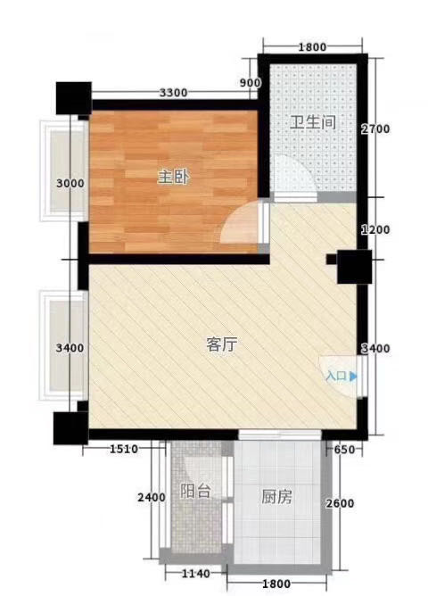 二江花园  1室1厅1卫   1600.00元/月户型图