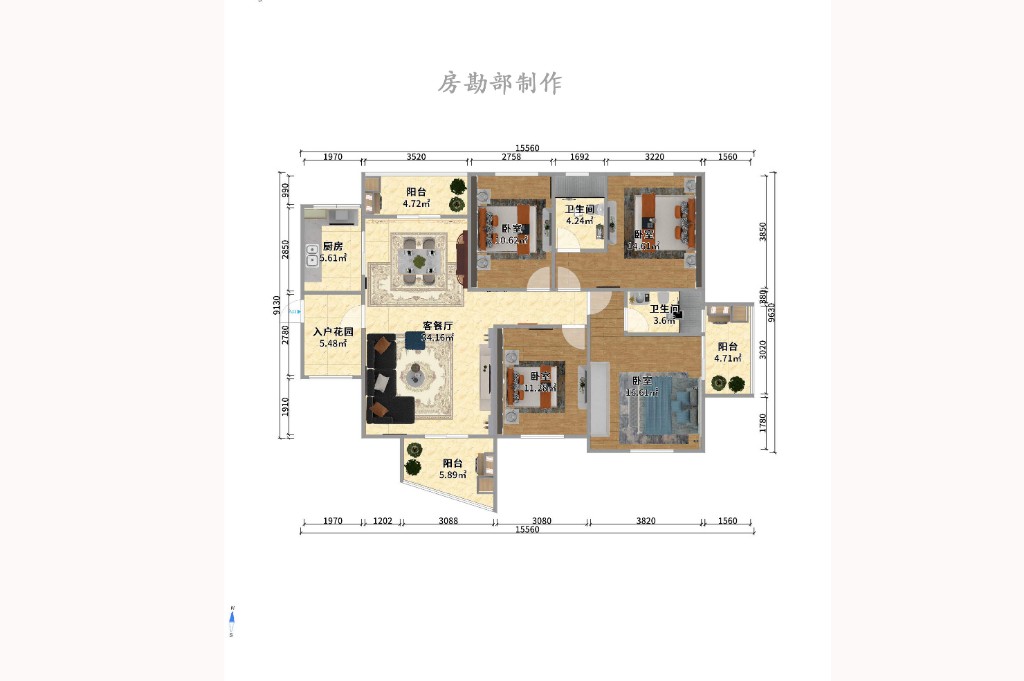 幸福庄园  4室2厅1卫   2100.00元/月户型图