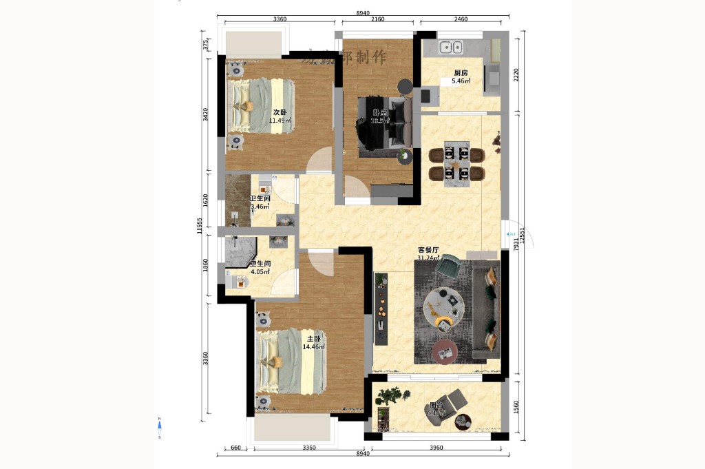 鑫天格林香山 3室2厅2卫 1700.0元/月 鑫天格林香山 3室2厅2卫 1700.0元/月户型图