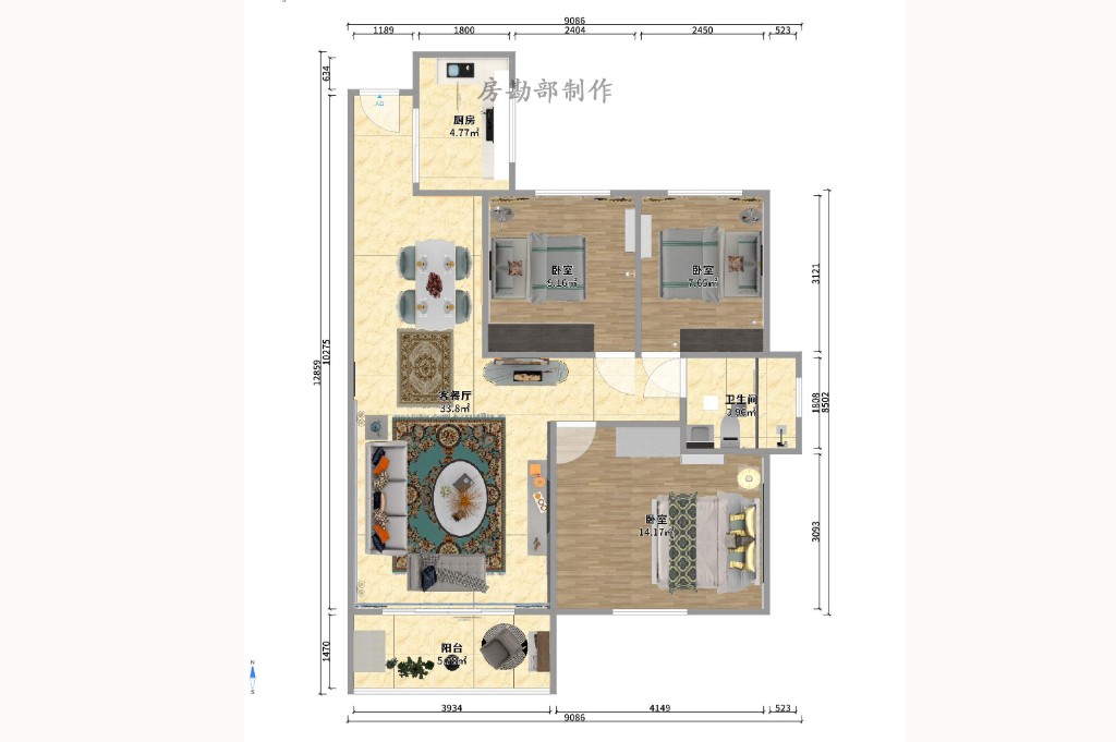 鸿园小区  3室2厅1卫   2600.00元/月户型图