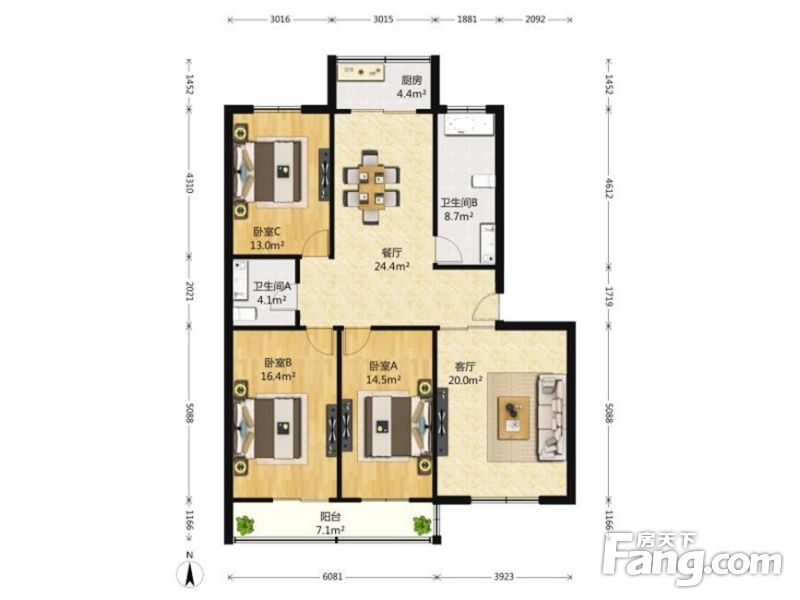 檀山湾小区  3室2厅1卫    1200.0元/月户型图