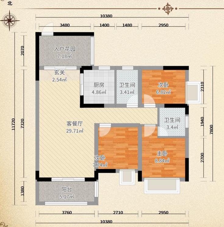 幸福庄园  3室2厅2卫    1800.0元/月户型图