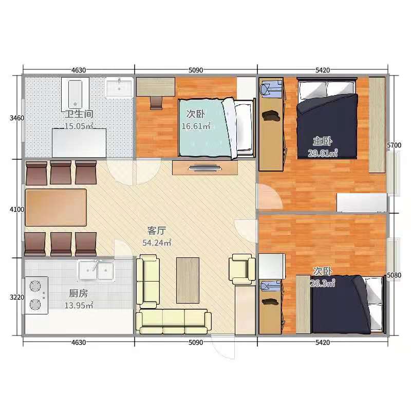 新建小区  3室2厅2卫   1600.00元/月户型图