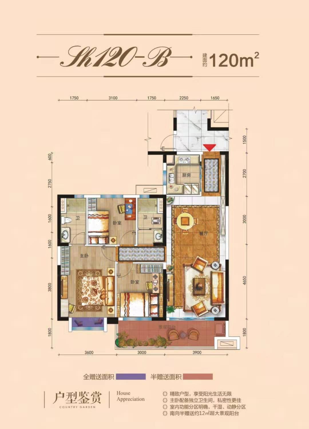 碧桂园梓山府  3室2厅2卫   2500.00元/月户型图
