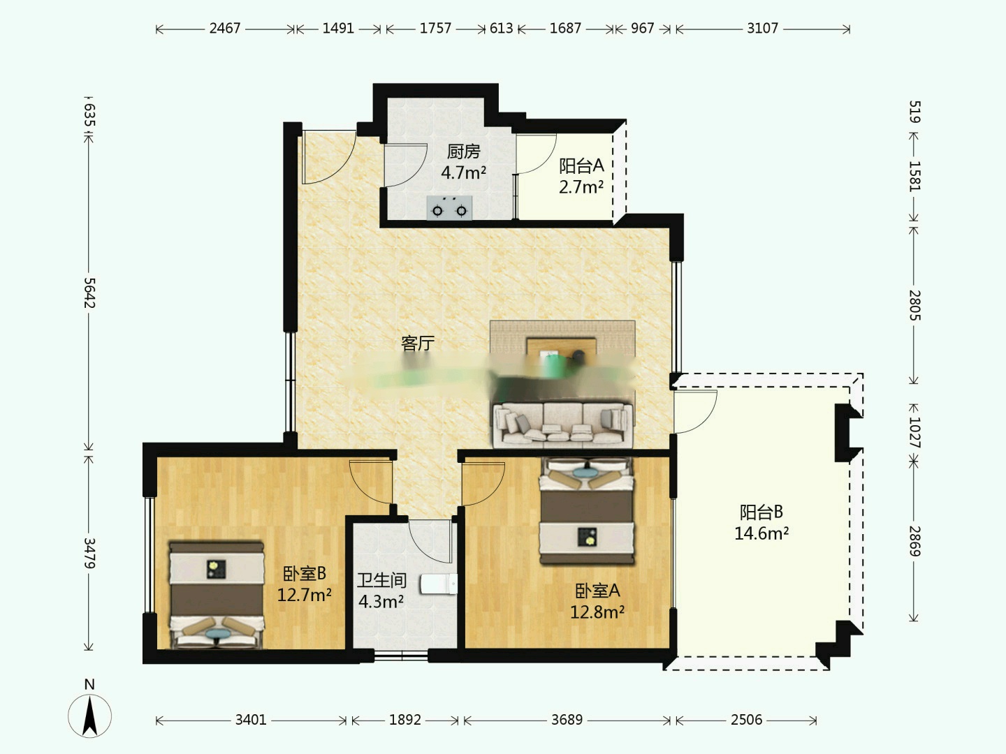 南湖世纪  2室2厅1卫   2200.00元/月户型图