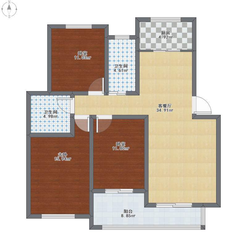 恒大绿洲  3室2厅2卫   84.00万户型图