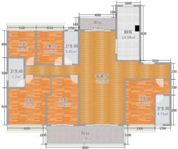明兴花苑  5室2厅2卫   3100.00元/月户型图