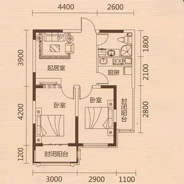 邮电新村  3室2厅2卫   1200.00元/月户型图