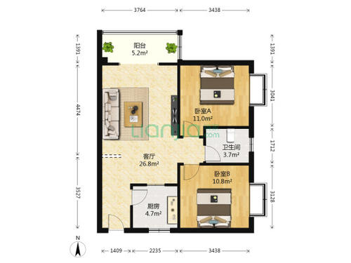 宇元万向城  2室2厅1卫   68.00万户型图