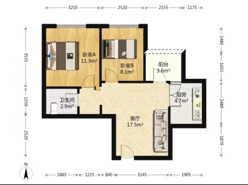 北寨子村安置楼  2室2厅1卫   2500.00元/月户型图