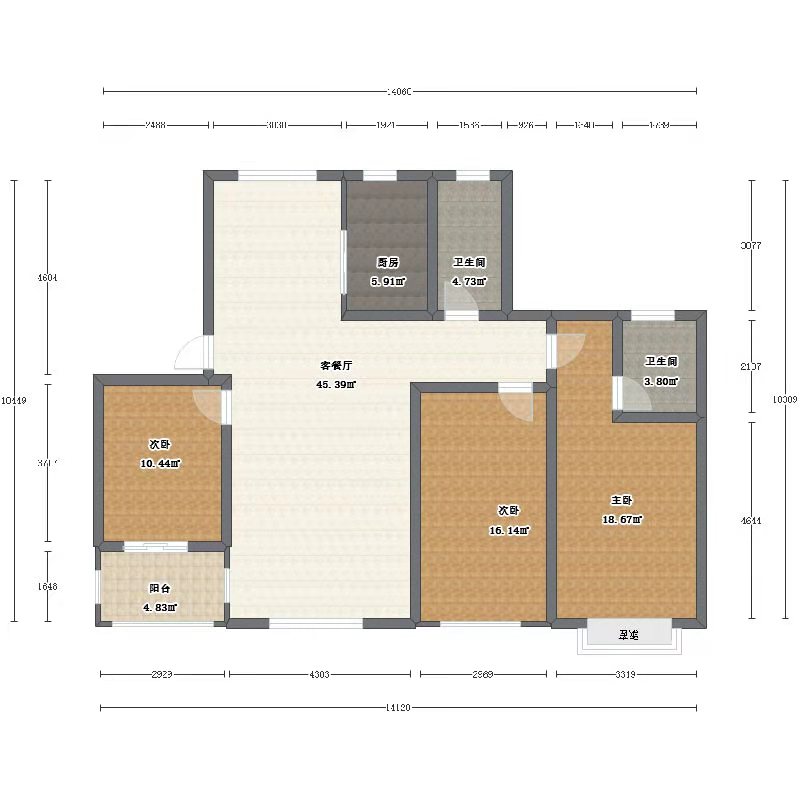 雅士林欣城  3室2厅1卫   2300.00元/月户型图