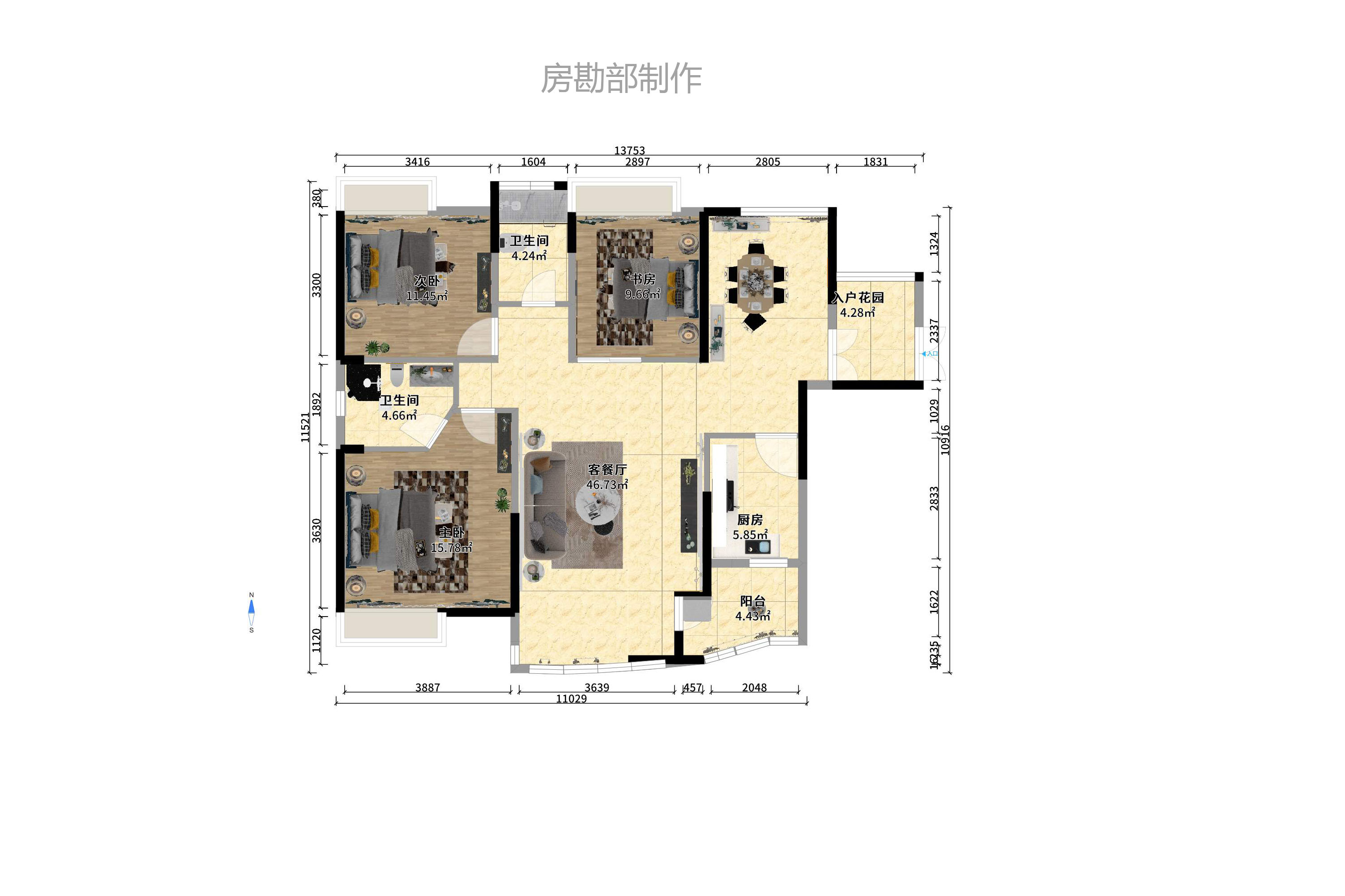 湘域熙岸  3室1厅1卫   3800.00元/月户型图