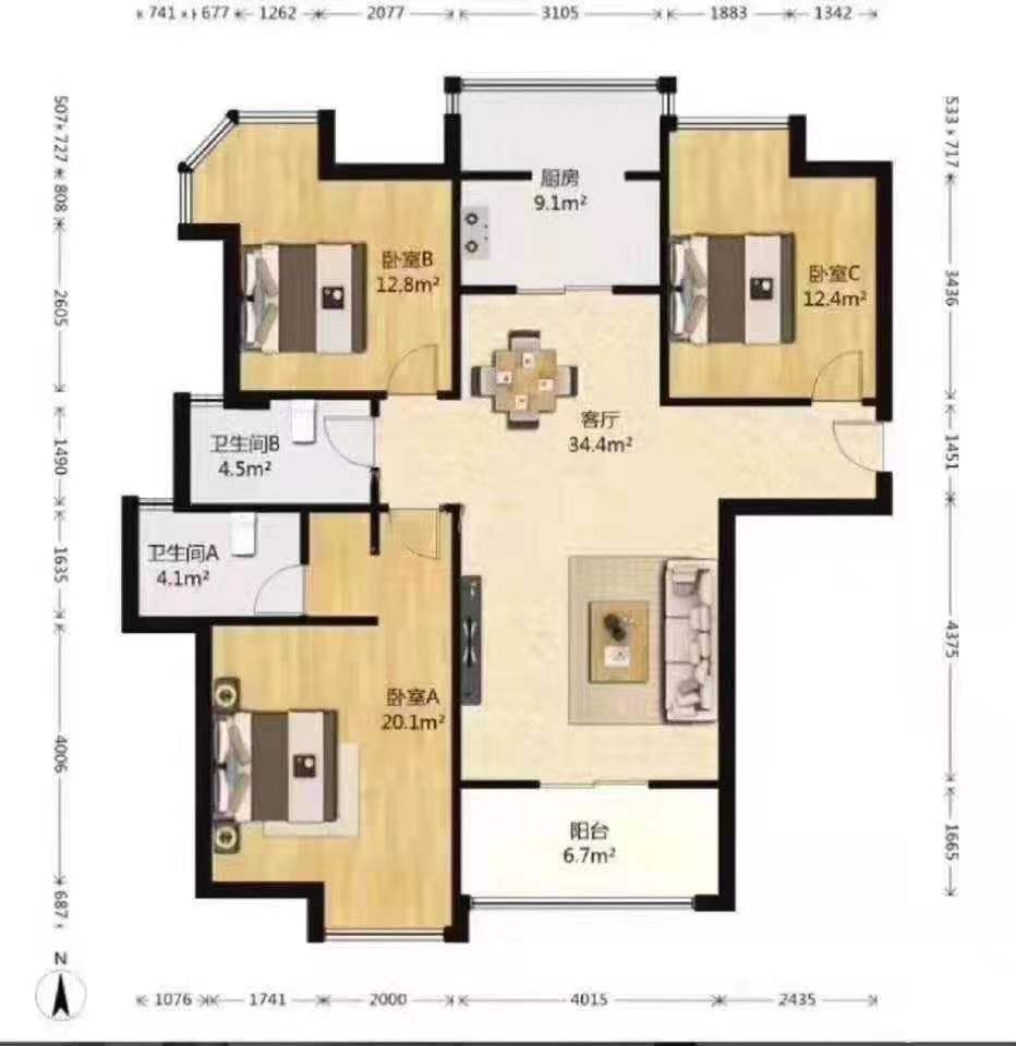 交通南苑  3室2厅2卫   3700.00元/月户型图