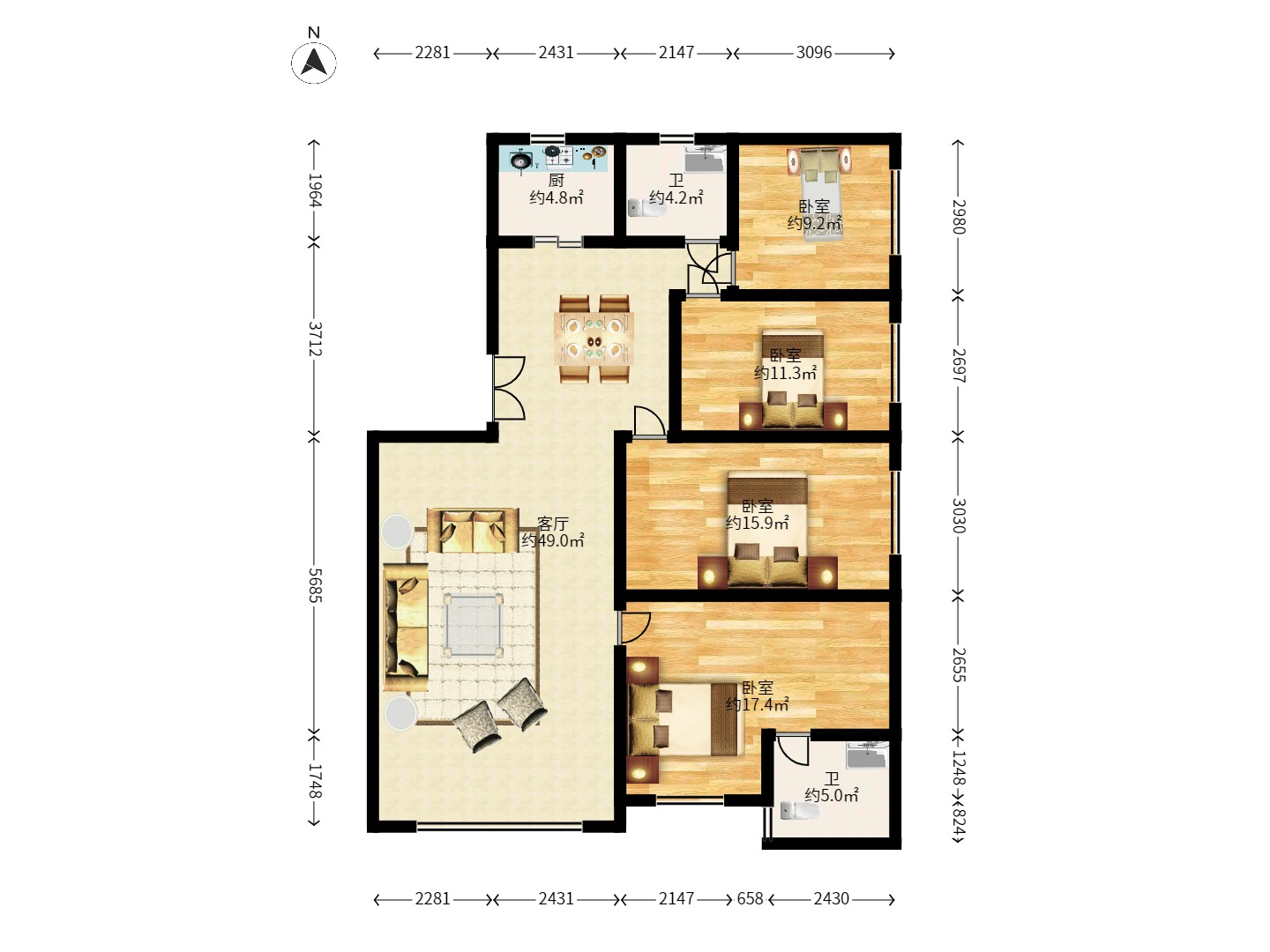 洞井商贸城 4室2厅2卫 2000.0元/月 洞井商贸城 4室2厅2卫 2000.0元/月户型图