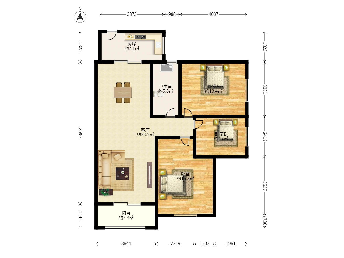 海洋半岛(月珑湾) 3室2厅1卫 1100.0元/月 海洋半岛(月珑湾) 3室2厅1卫 1100.0元/月户型图