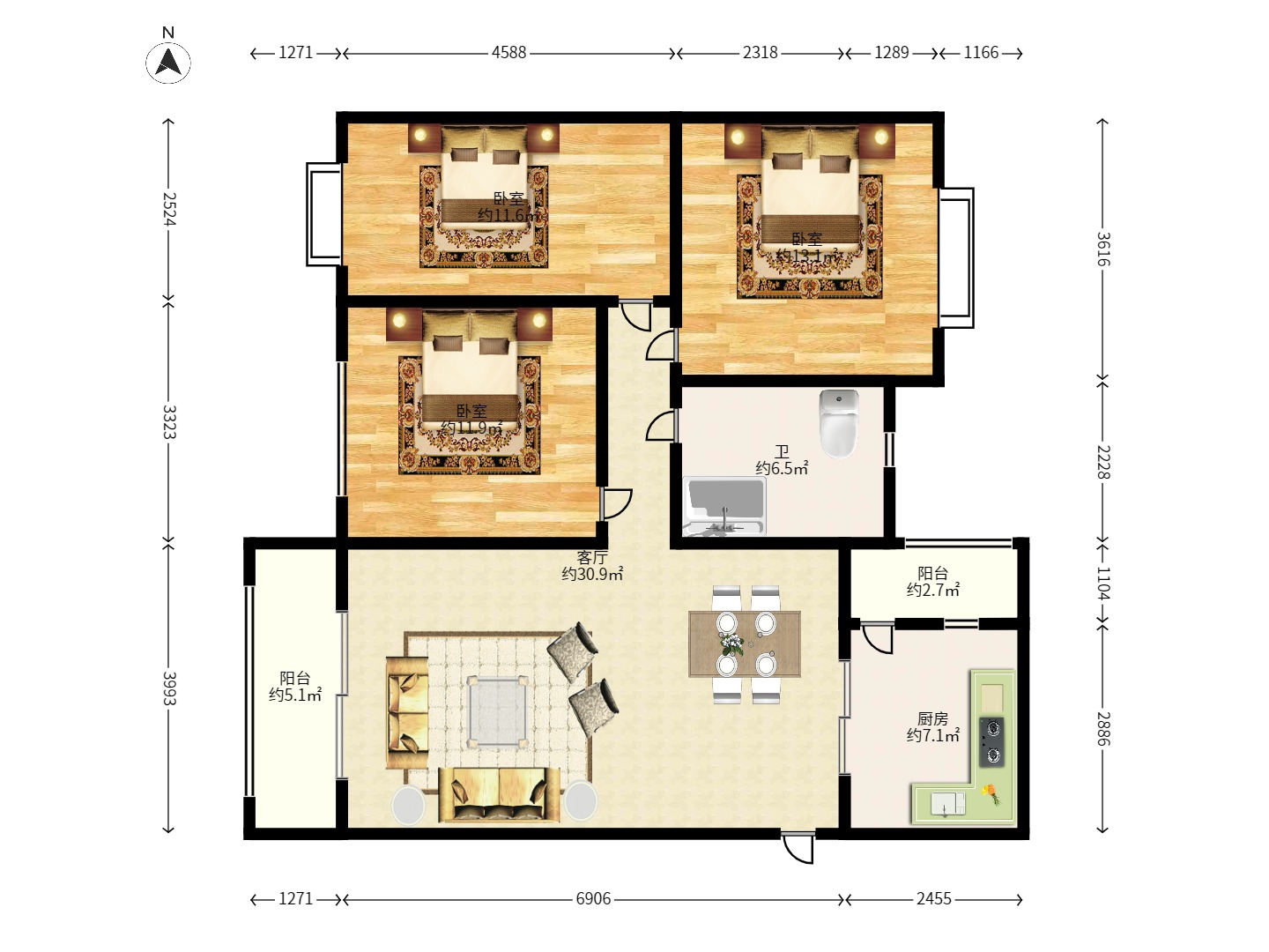 恒大雅苑  3室2厅1卫   2500.00元/月户型图