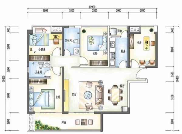 会龙山社区  3室2厅1卫   1300.00元/月户型图