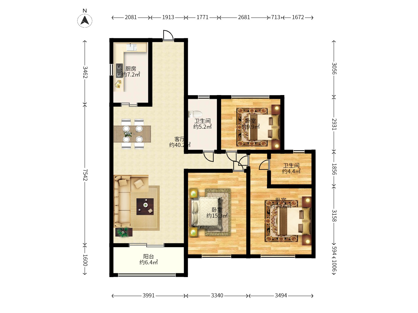 恒大雅苑 3室2厅1卫 2800.0元/月 恒大雅苑 3室2厅1卫 2800.0元/月户型图
