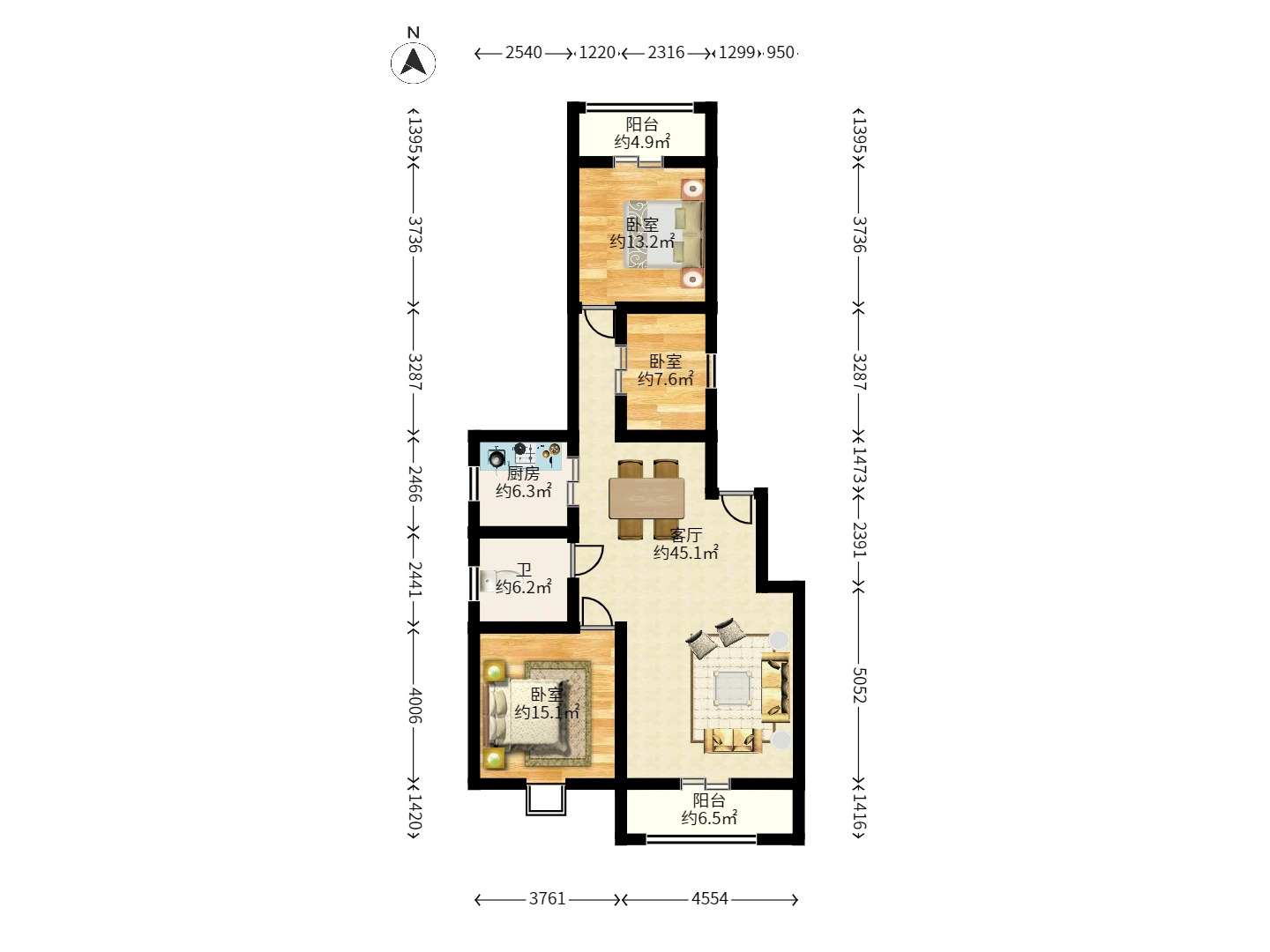 华盛家园  3室2厅2卫    5500.0元/月户型图