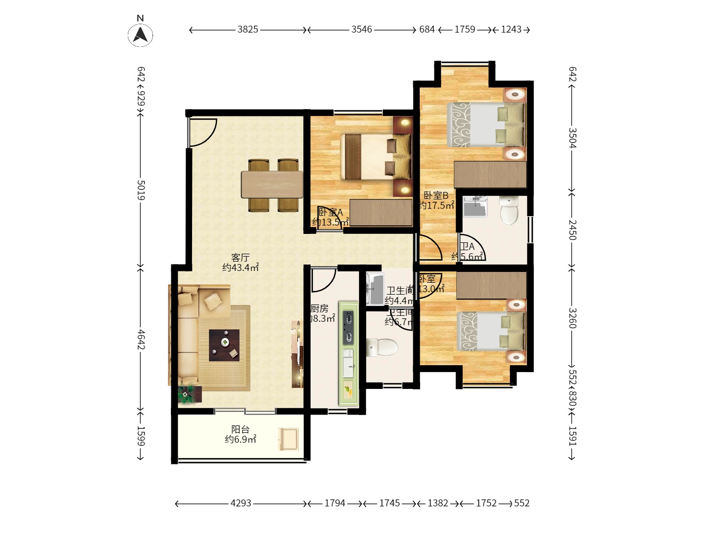 蝴蝶谷 1室2厅1卫 2300.0元/月 蝴蝶谷 1室2厅1卫 2300.0元/月户型图