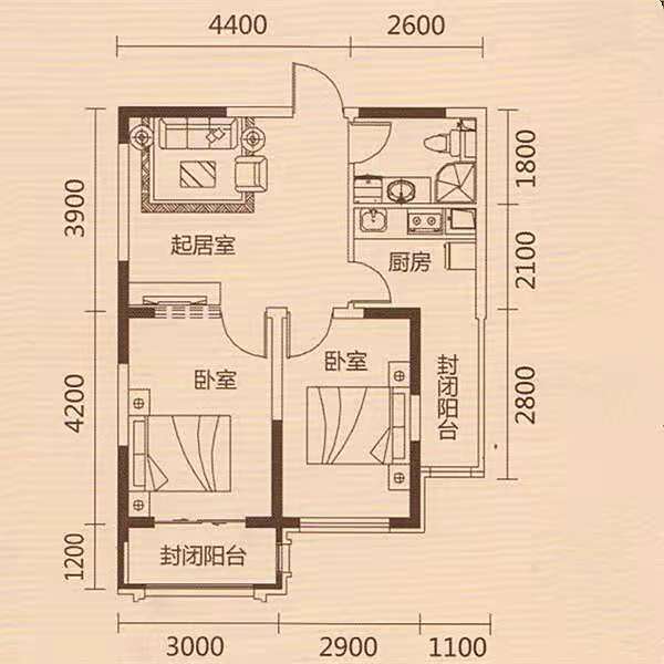 梓怡华盛家园  1室1厅1卫   400.00元/月户型图