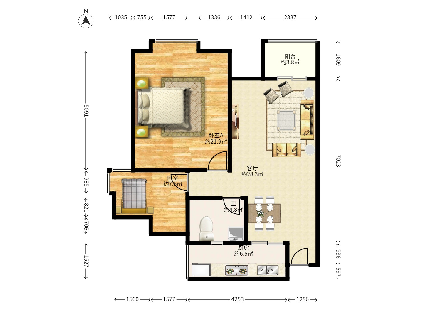 中国铁建国际城一期  2室2厅2卫   1500.00元/月户型图
