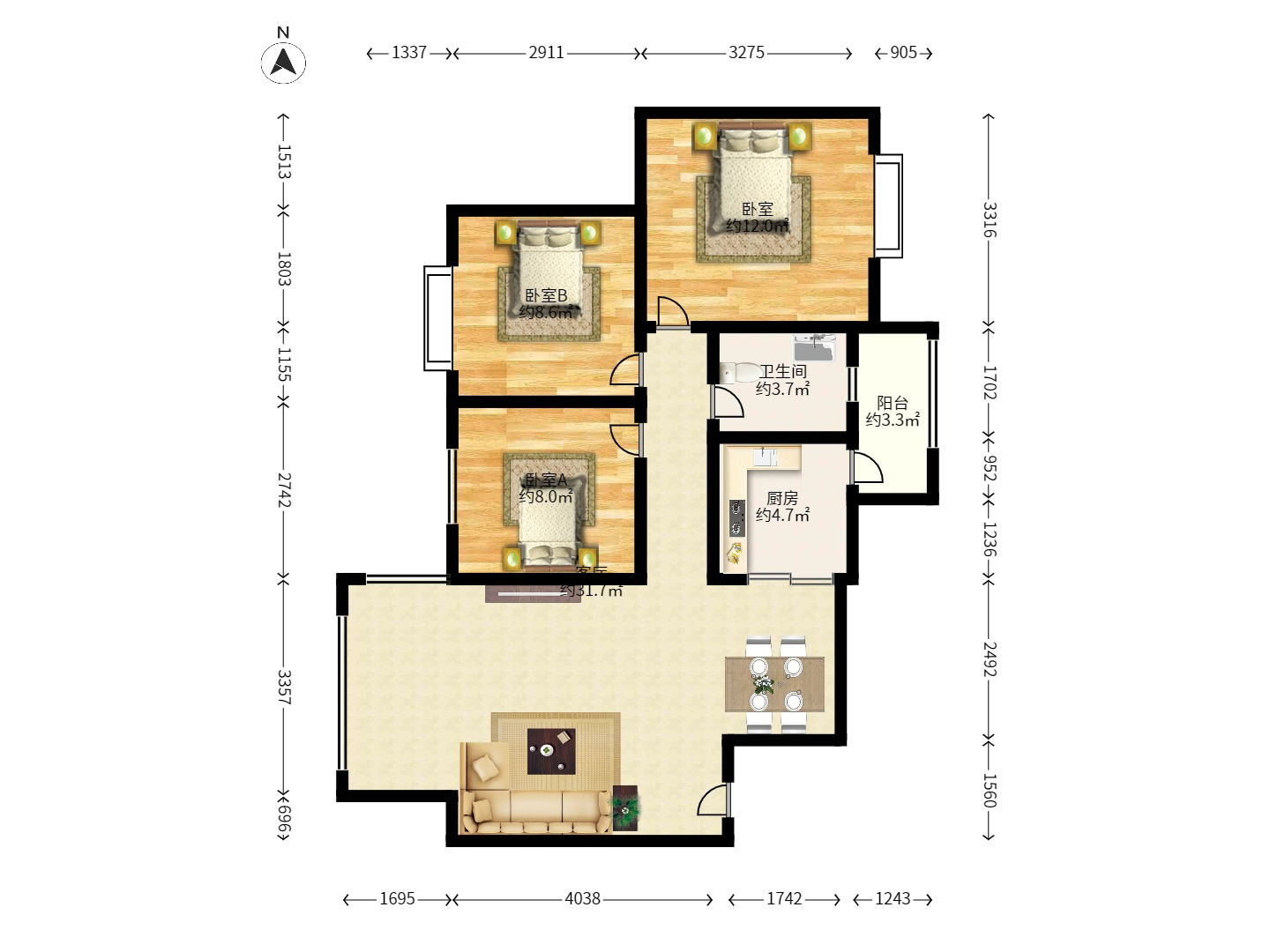 楚天世纪城东苑 3室2厅1卫 1500.0元/月 楚天世纪城东苑 3室2厅1卫 1500.0元/月户型图