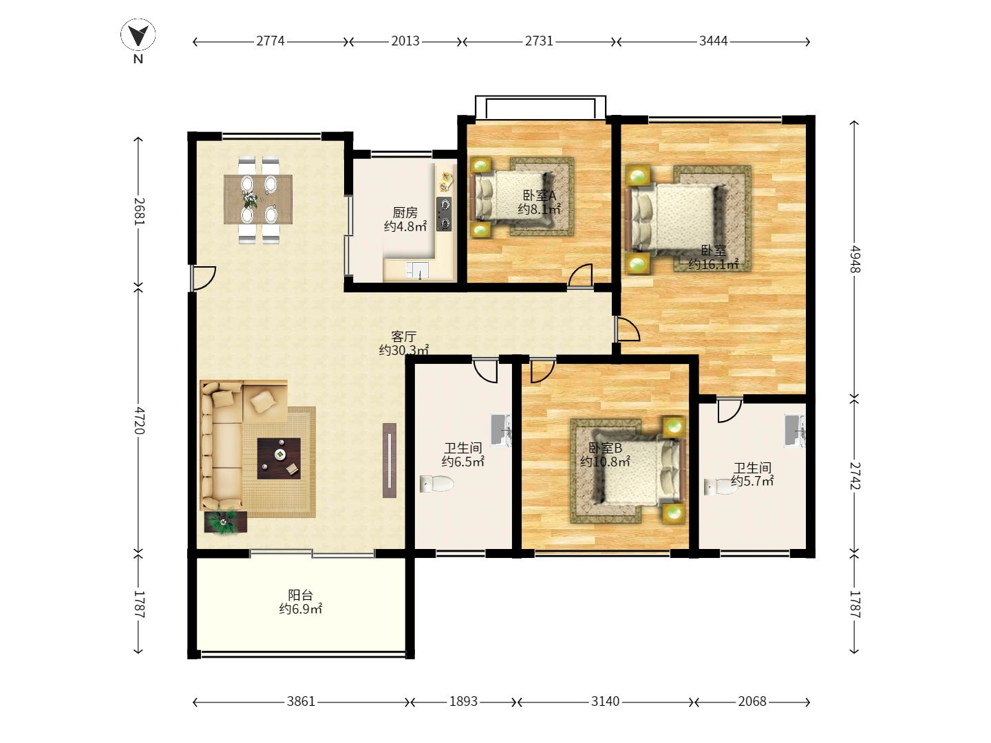 中建芙蓉嘉苑  3室2厅1卫   2300.00元/月户型图