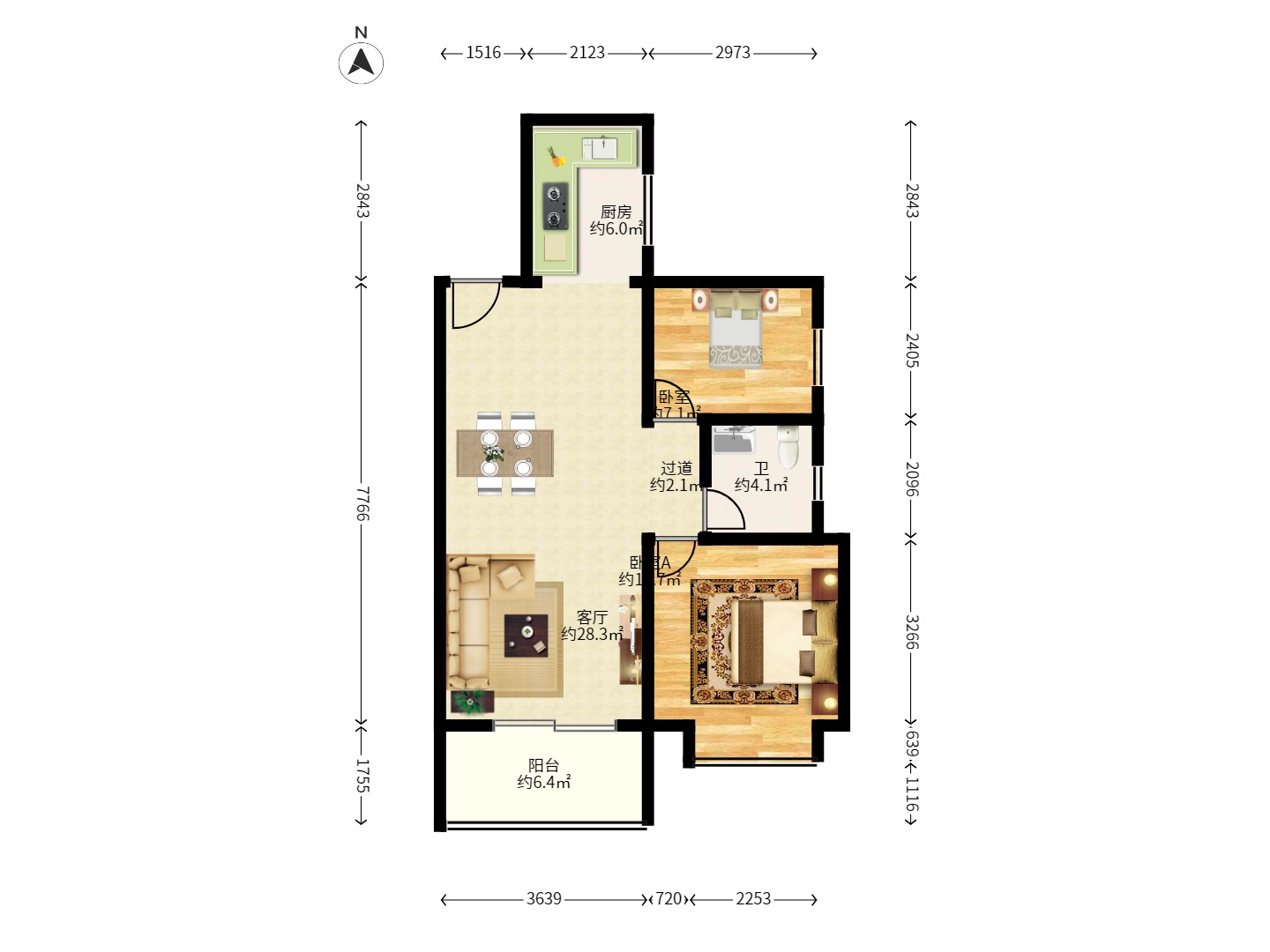 蝴蝶谷 2室2厅1卫 1400.0元/月 蝴蝶谷 2室2厅1卫 1400.0元/月户型图