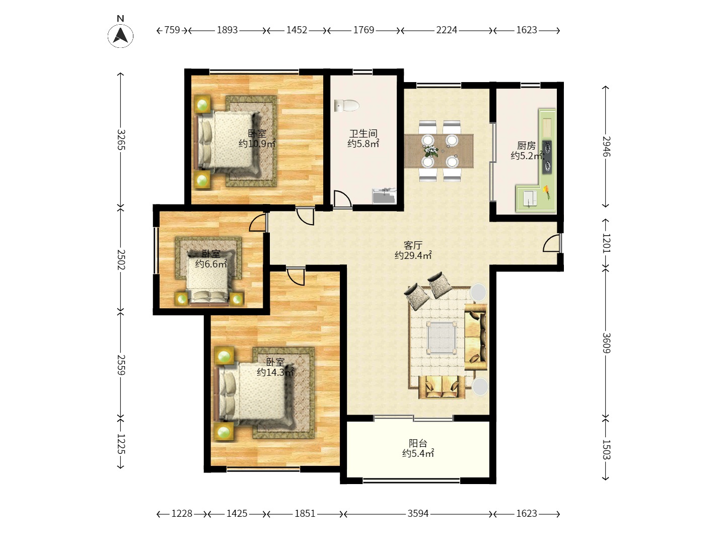 光明城市（星辰青年城）  3室2厅1卫   2600.00元/月户型图