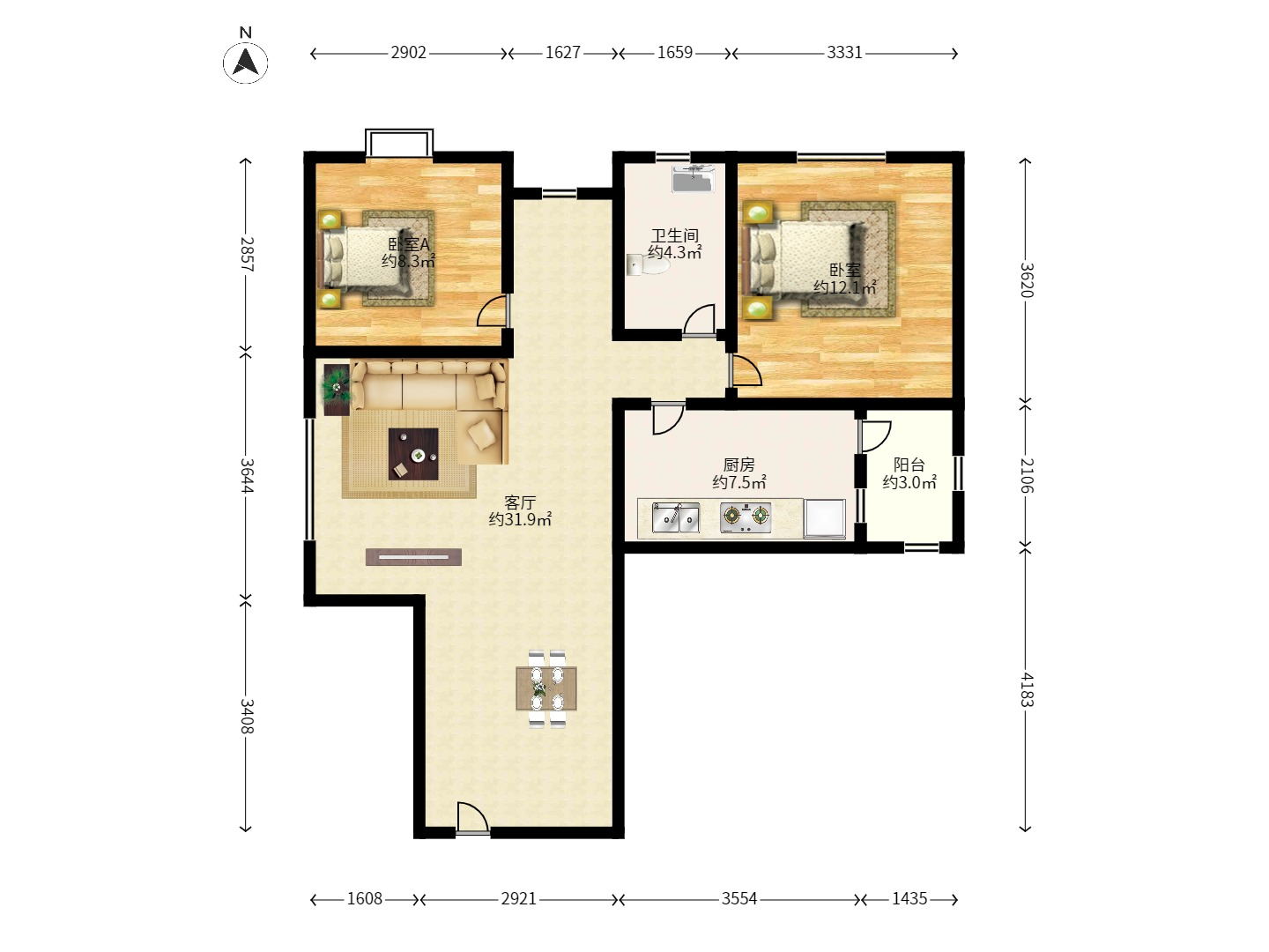 楚天世纪城东苑 2室2厅1卫 1600.0元/月 楚天世纪城东苑 2室2厅1卫 1600.0元/月户型图