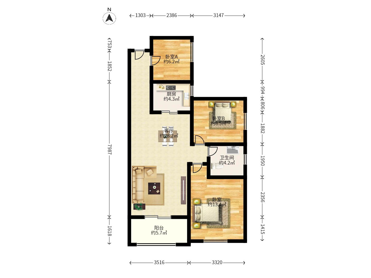 海德公园 3室2厅1卫 1700.0元/月 海德公园 3室2厅1卫 1700.0元/月户型图