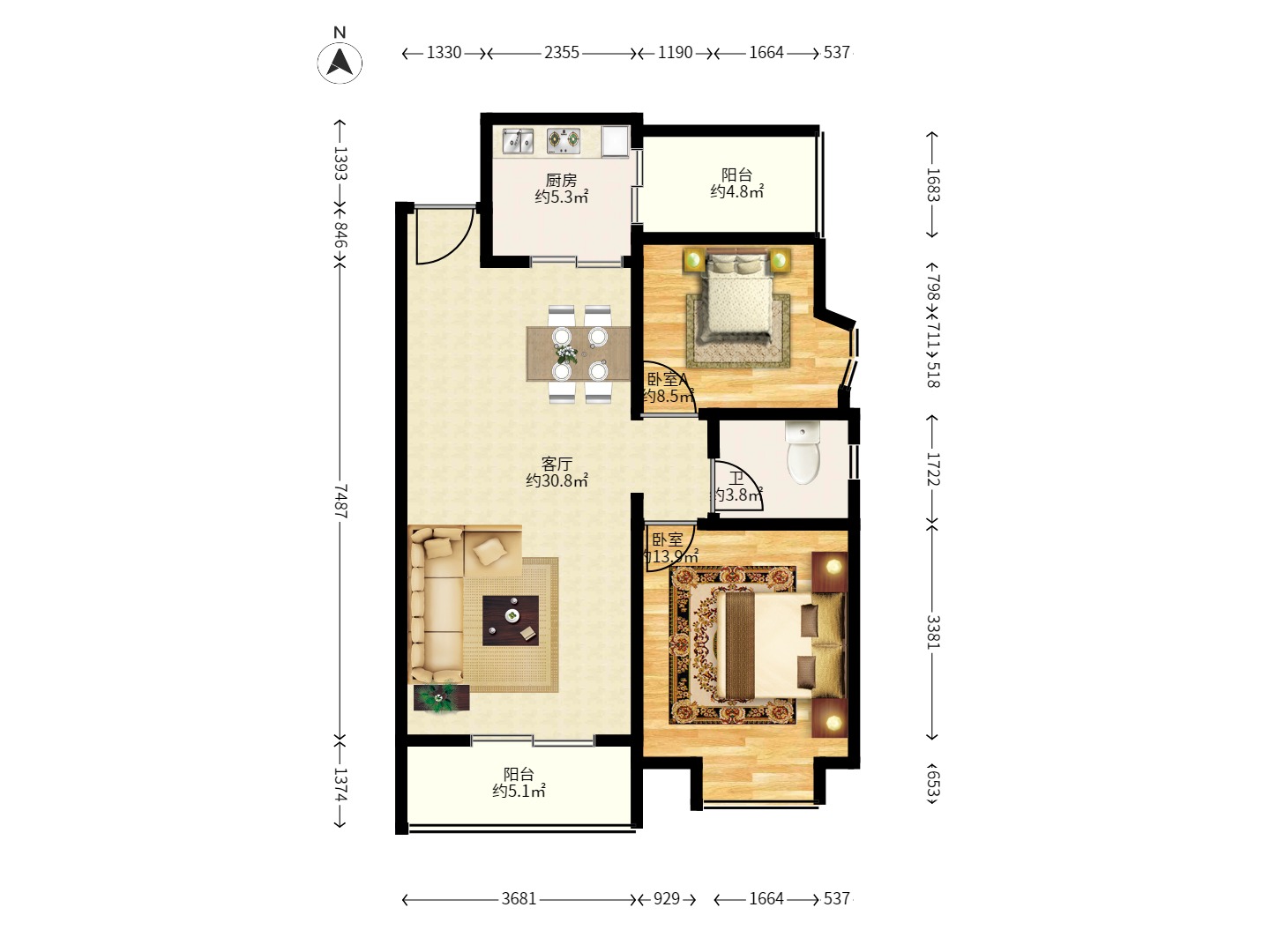 圆梦完美生活 2室2厅1卫 1500.0元/月 圆梦完美生活 2室2厅1卫 1500.0元/月户型图