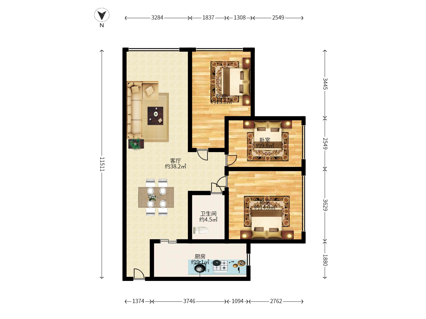 北辰三角洲D3区  3室2厅1卫    3600.0元/月户型图