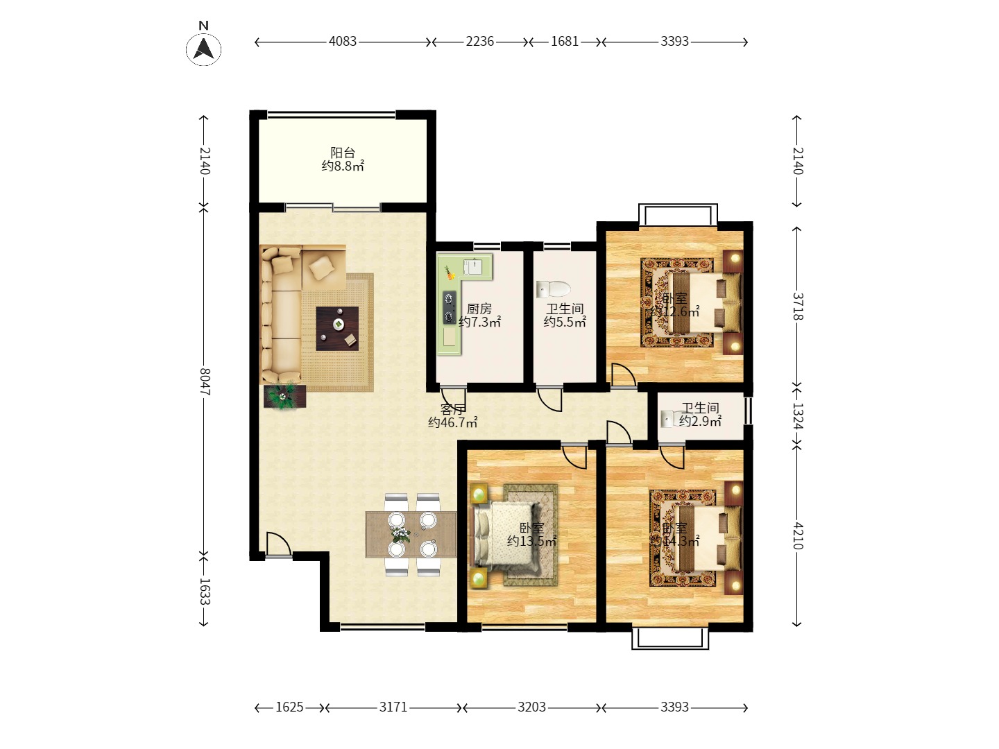 金色比华利 4室2厅2卫 1100.0元/月 金色比华利 4室2厅2卫 1100.0元/月户型图