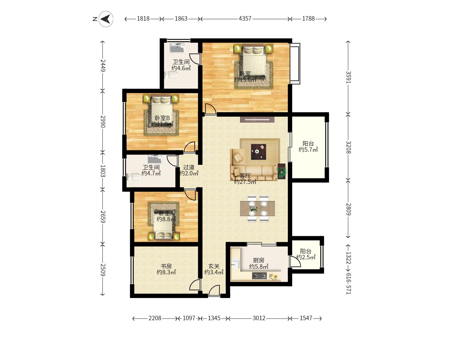 时代倾城二期  3室2厅2卫   119.80万户型图