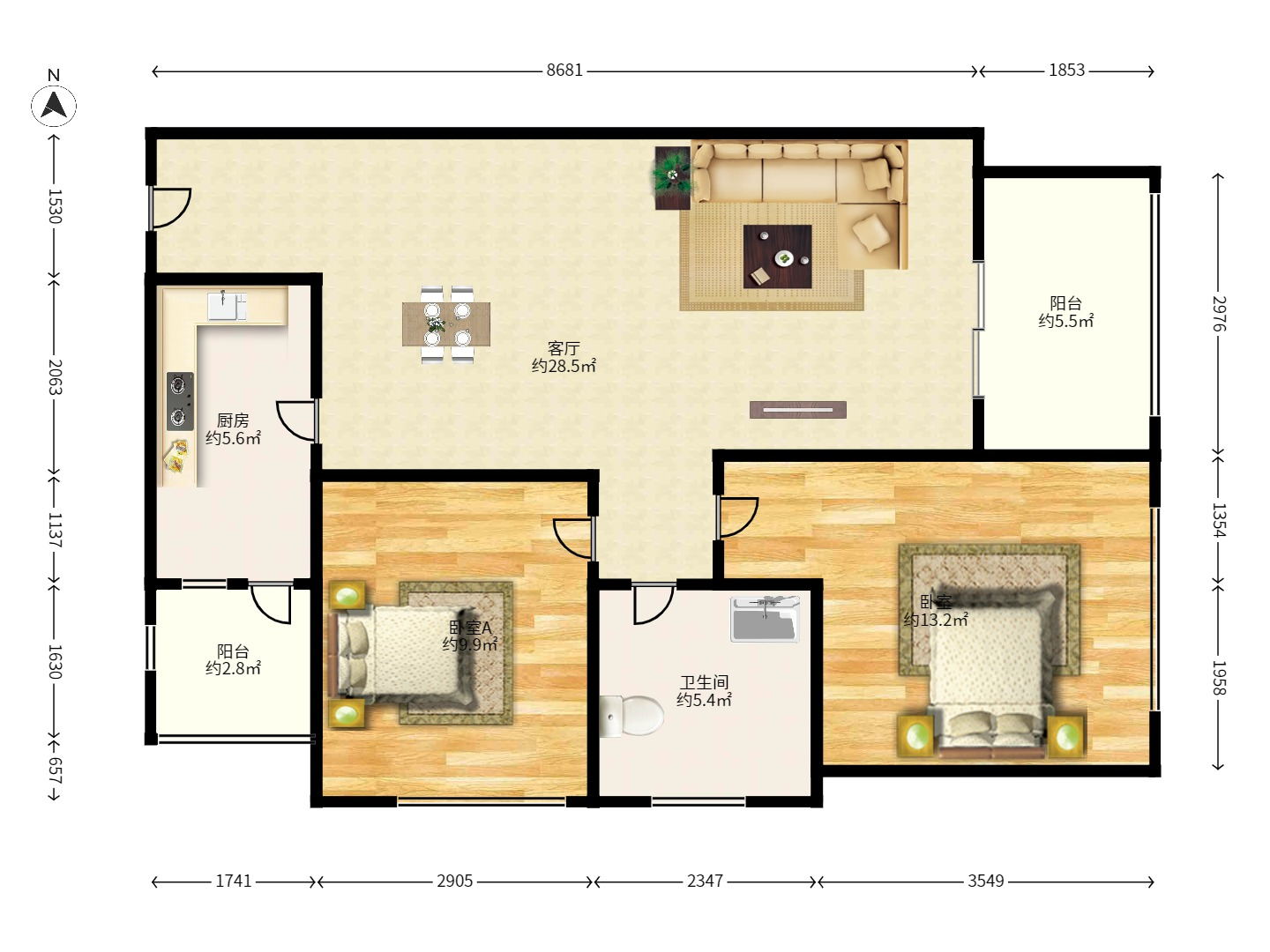 方略潇邦 2室2厅1卫 1600.0元/月 方略潇邦 2室2厅1卫 1600.0元/月户型图