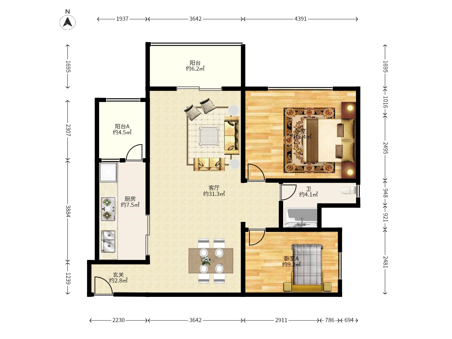 碧桂园威尼斯城  2室2厅1卫    2600.0元/月 碧桂园威尼斯城  2室2厅1卫    2600.0元/月户型图